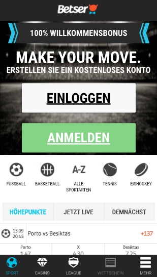 Sportwetten Menü der Betser App für Android & iPhone