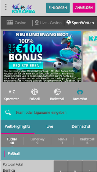 Startseite der Karamba Wetten App